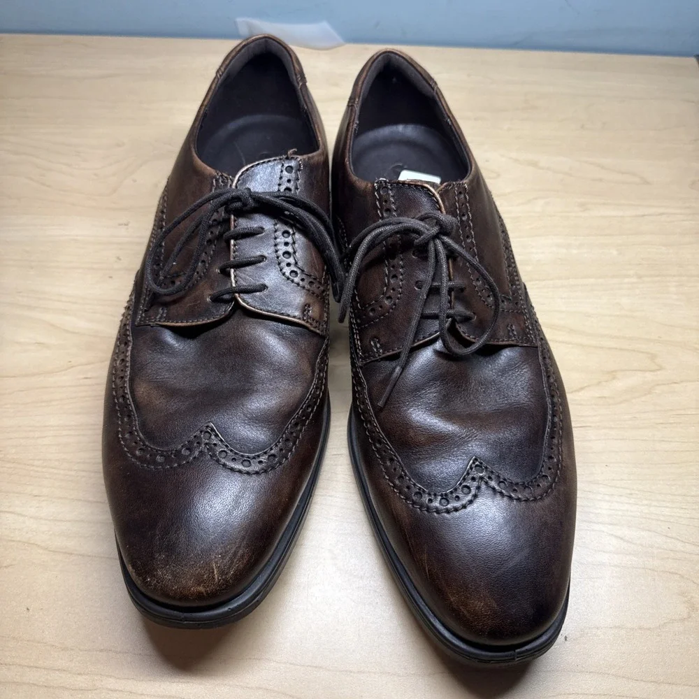 Ecco Vitrus Mens Dress Shoes Wing Tip Leather Oxford Nature Brown SIZE 12 Eu 46